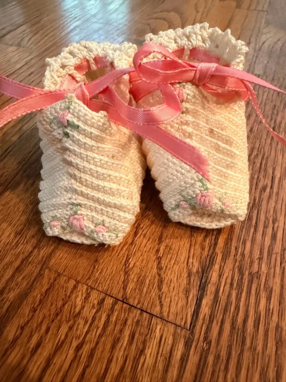 Handmade Cream Baby Booties with Pink Ribbon